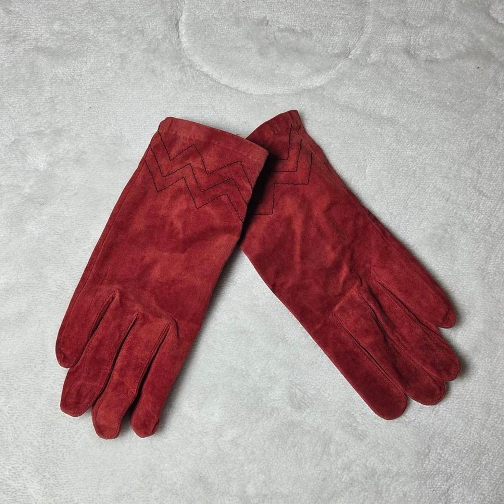 Vintage Burgundy suede leather gloves with chevron pattern gloves NWT Size M/L